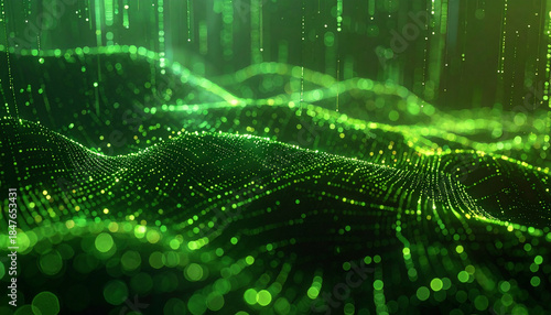 Digital Flow: Captivating display of flowing digital data in shades of green, with lines and lights representing a vibrant network. Illustrating concept of technology and interconnectedness.