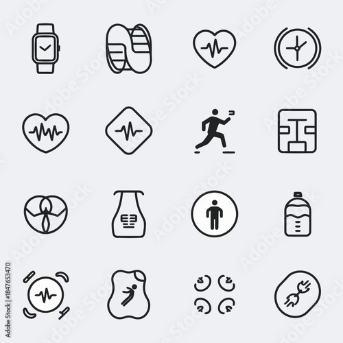 Set of medical and fitness icons including heart rate, running, medicine, and health monitoring symbols