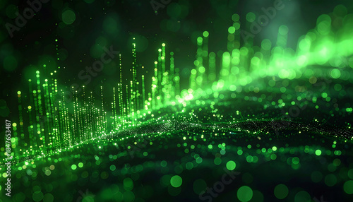Digital Waves in Green: A vibrant depiction of digital data streams, visualized as flowing waves of luminous green particles, conveying the essence of technology and data processing.