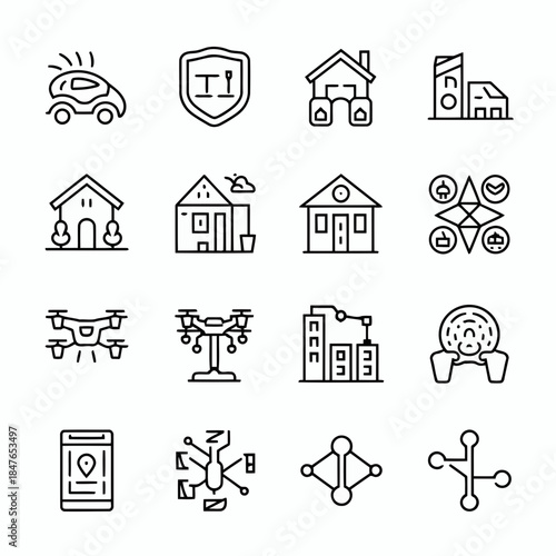 Set of icons representing various objects and activities including cars, homes, drones, and gaming controllers