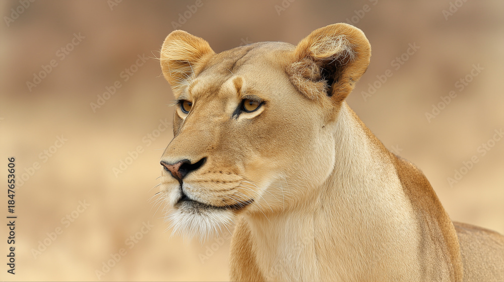 Naklejka premium jawline. Lioness with a strong jawline stands against a golden savanna, exuding power and grace. wildlife magazines, conservation campaigns, designed for wildlife conservation campaigns. 