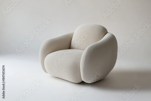 A sleek, modern chair with a curved backrest and armrests, crafted from a smooth, light-colored fabric that evokes a sense of luxury and comfort.