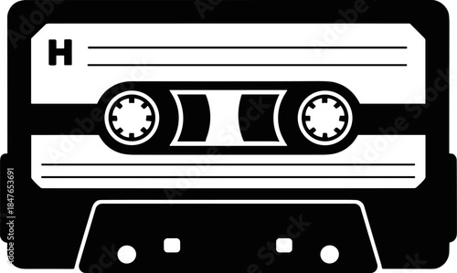 Classic Black and White Audio Cassette Icon Vector Illustration - Minimalist Retro Music Technology Symbol for 80s and 90s Nostalgia, Mix Tape, and Vintage Sound Design Elements.