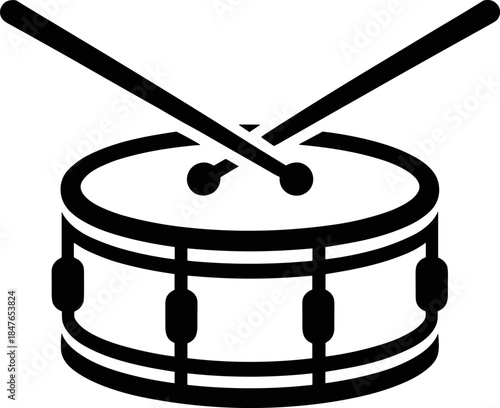 Classic Drum and Sticks Solid Icon Design: Minimalist vector silhouette of a percussion instrument perfect for music apps, band websites, concert posters, and rhythm symbols.
