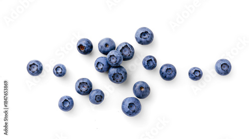 Fresh Blueberries Scattered on a Pure White Background. Blueberries isolated. Top view.