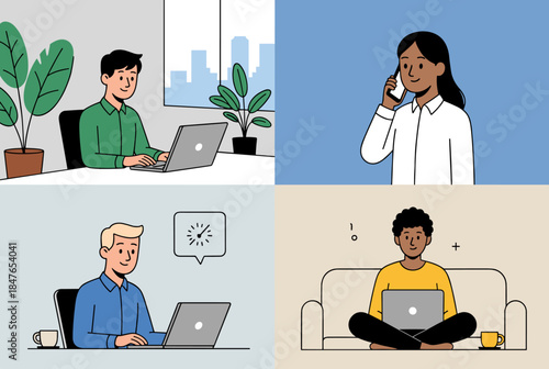 A black-and-white illustration of individuals working remotely in diverse settings, highlighting professionalism and casual work life