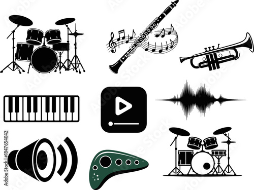 Comprehensive Music and Sound Vector Icon Collection: Drum Kit, Trumpet, Clarinet, Piano Keyboard, Audio Waveform, and Media Player Silhouettes.