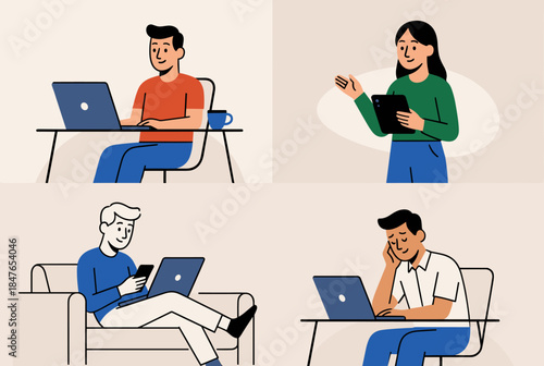 A charming illustration depicting individuals happily engaged in remote work activities, reflecting a modern lifestyle.