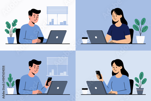 A lively illustration depicting individuals engaged in digital work, emphasizing modern productivity and teamwork.