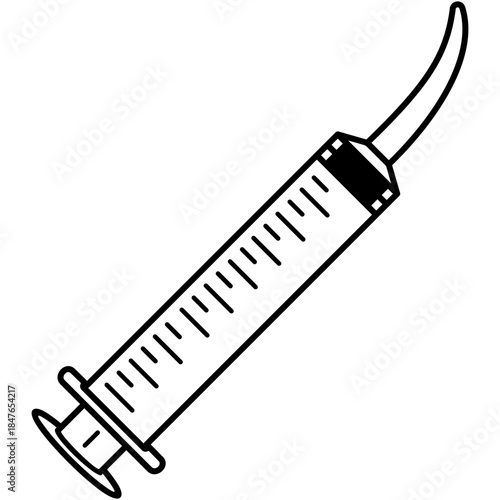 Irrigation Syringes. Medical tool for wound flushing, cleaning, and liquid delivery during surgical procedures and clinical care. Medical sterile surgical instrument. Vector outline icon.
