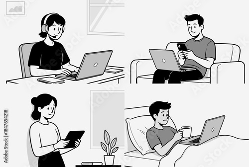 A monochrome illustration depicting individuals engaged in various remote work activities, highlighting everyday life scenarios.