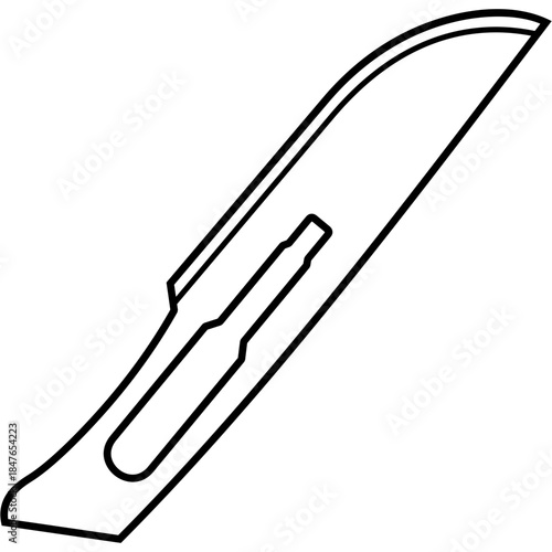 Surgical scalpel blade. Sharp disposable steel edge for precise tissue incision and dissection in clinical operations. Medical sterile surgical instrument. Vector outline icon.