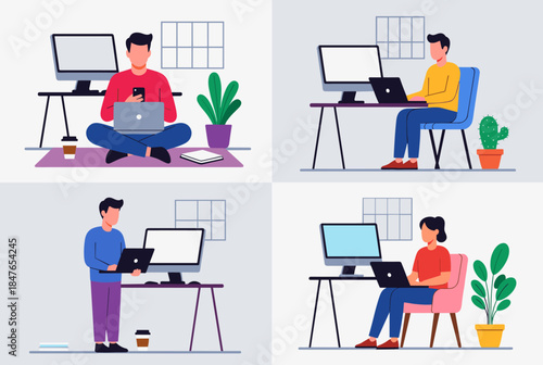 A colorful graphic featuring two individuals seated and using laptops, illustrating different styles of working from home.