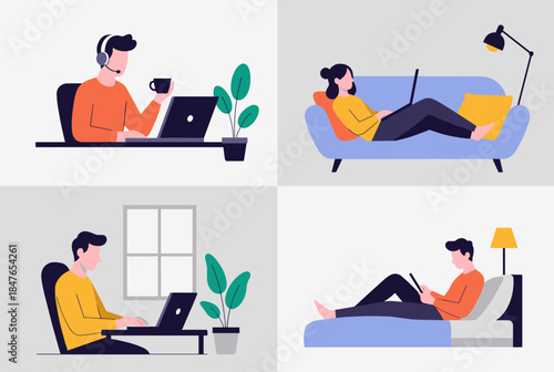 A playful illustration of four individuals working remotely in relaxed settings, blending comfort with productivity