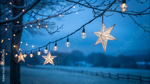 Christmas Lights - Stars String Hanging At Fir Branches In Abstract Defocused Background
