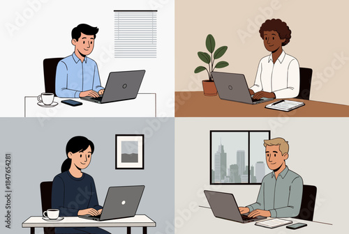 An illustration showcasing four diverse individuals working on laptops, emphasizing inclusivity and modern professional life.