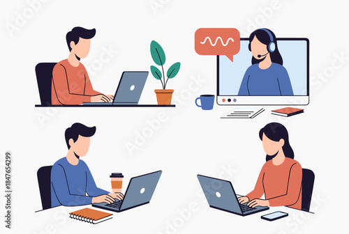 An illustration representing four individuals engaging in remote work and collaboration, highlighting communication and technology.