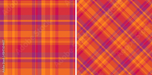 Seamless texture pattern of check fabric vector with a textile tartan background plaid. Set in sunset colors. Geometric unique identity design.