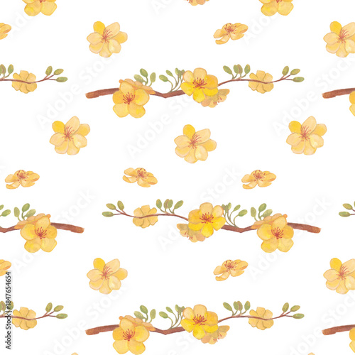 A seamless watercolor pattern of Vietnamese Tết apricot flowers (hoa mai), featuring yellow blossoms and branches in a bright festive spring composition symbolizing luck, prosperity, and renewal.