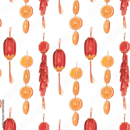 A seamless watercolor pattern of Vietnamese Tết hanging decorations, featuring gold coin strings, red lanterns, and firecrackers painted in a traditional festive style for New Year designs.