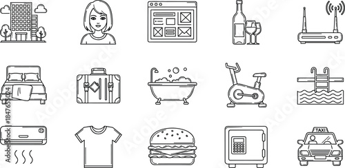 Hotel Services and Travel Amenities Line Icons, Hospitality and Accommodation, Booking, Vacation, Food, Fitness, Luggage, Building, Safety Box, Black Outline Vector Set.