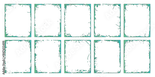Distressed aqua teal grunge frame borders, set of ten, textured isolated on white background