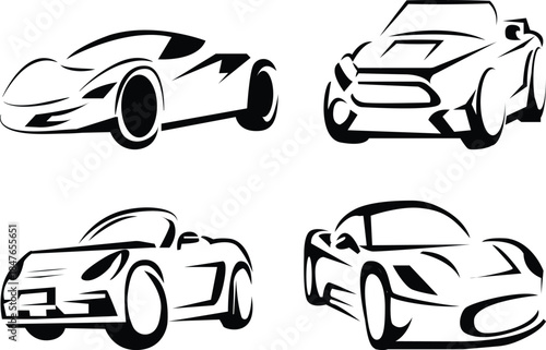  Sports Car Silhouette Vector Set - Black and White Race Car Logos  - sports car, car silhouette, vehicle vector, automobile icon, race car, convertible, supercar, black and white car,