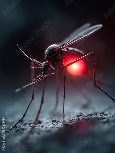 Mosquitoes with glowing red abdomens highlight the spread of disease
