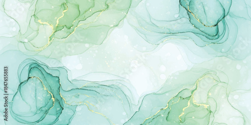 Abstract green and teal liquid ink background with golden veins isolated on white background