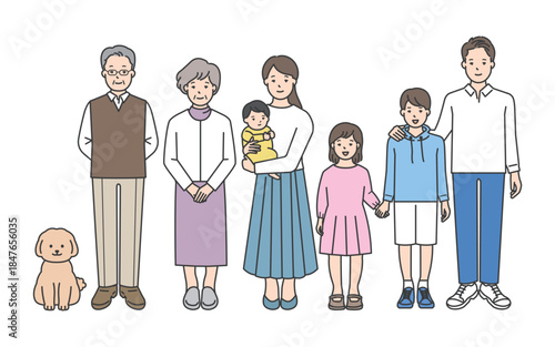 家族のイラストベクター素材（3世代・7人家族）