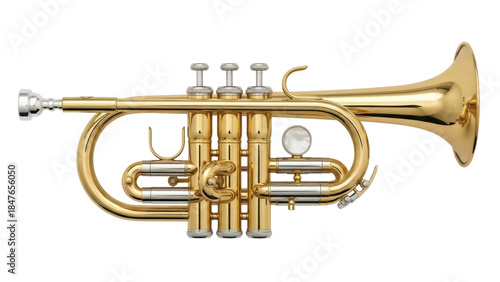 Gold cornet isolated PNG on transparent background, brass instrument for jazz music and classical orchestra performance