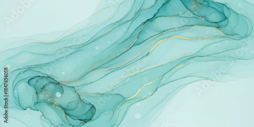 Abstract green and teal liquid ink background with golden veins