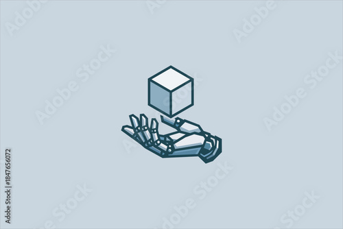 Minimalist illustration of a robotic hand holding a floating cube, symbolizing artificial intelligence, automation, future technology, and digital innovation on a clean background.
