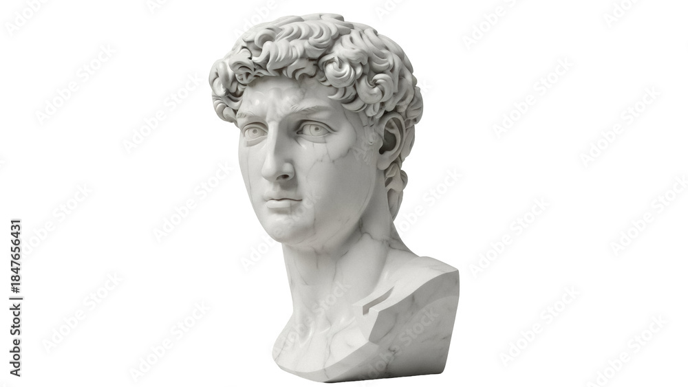 Naklejka premium Michelangelo s David head sculpture isolated PNG, Renaissance art statue on transparent background for historical design projects