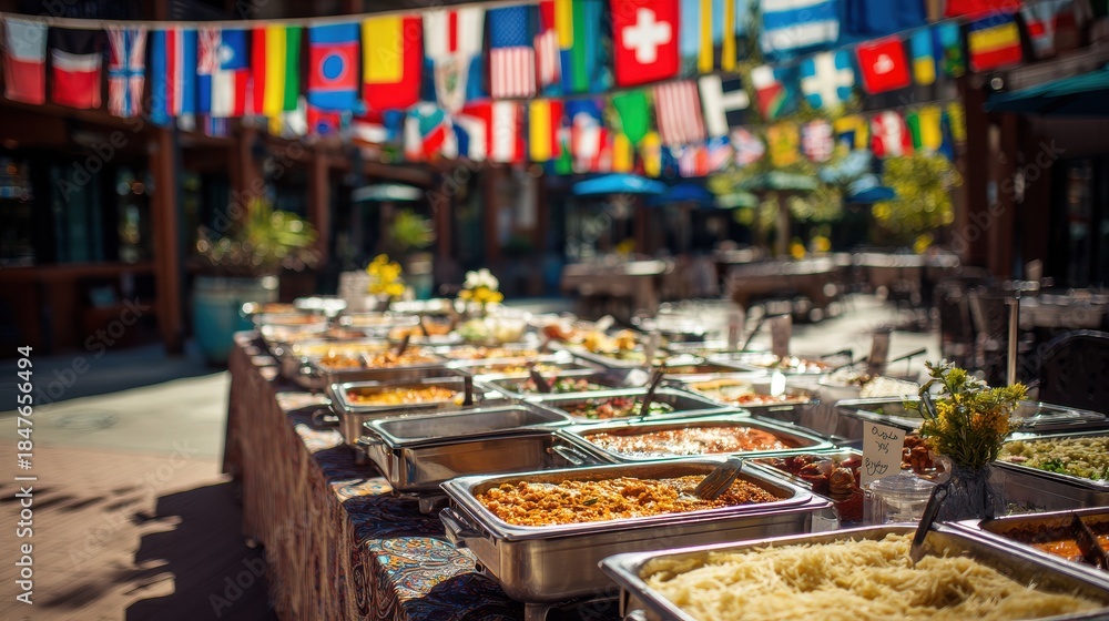 Fototapeta premium Buffet spread with international flags banner in outdoor setting