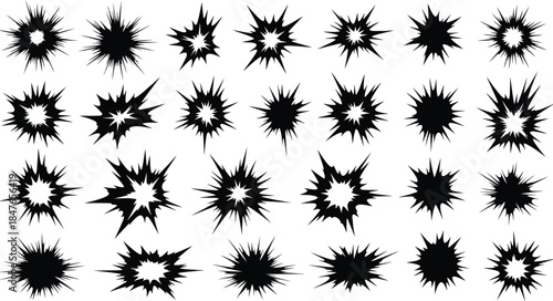 Explosion shapes, starbursts, bursts, impact effects, comic book elements, black graphic design elements. Abstract shapes for design.