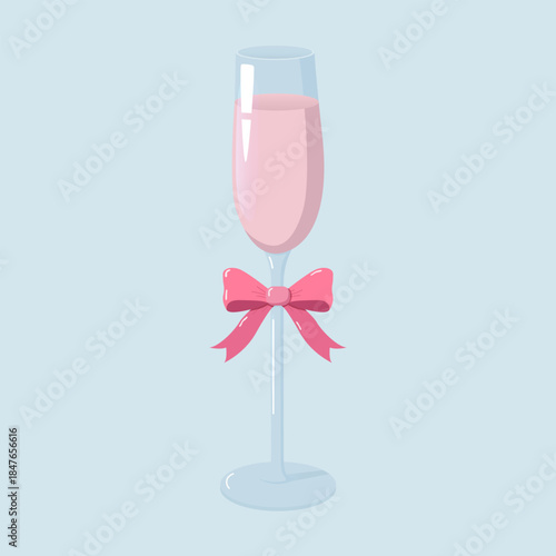 Elegant champagne flute filled with pink drink and decorated with a glossy bow on the stem. Soft pastel background makes it perfect for celebration graphics, invitations, party decor, and festive