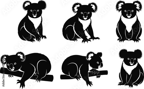 Black silhouettes of cute koalas in various poses including sitting, climbing on branches, and looking forward, isolated on white background for wildlife designs.