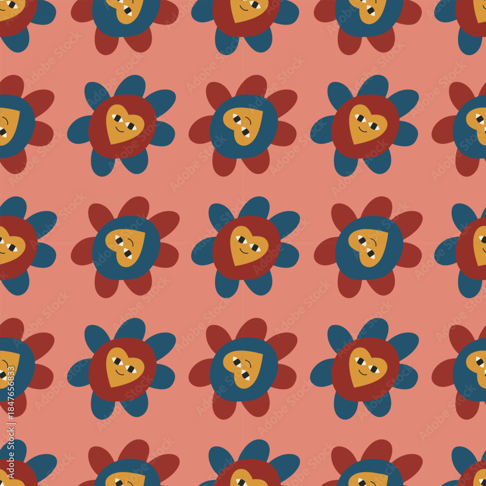 Obraz premium Colorful Floral Pattern with Heart Faces Vector Illustration. The playful design uses bold colors like red, blue, and yellow on a pink background.