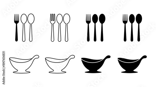 Different styles of cutlery and gravy boat illustrations for dining and kitchen design