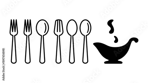 A simple black and white illustration of dining utensils and a steaming gravy boat