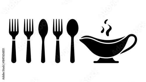 Black silhouette icon set featuring dinner utensils and a hot gravy boat for serving sauce