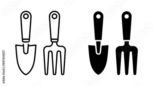 Simple icon set of small gardening hand tools, featuring a trowel and a fork in outline and solid styles