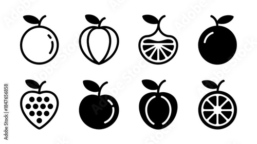 A collection of minimalist fruit icons including oranges, strawberries, and peaches in black outline and solid styles