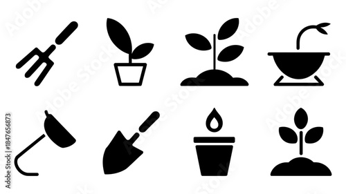 Collection of gardening and planting icons illustrating tools and plant growth stages