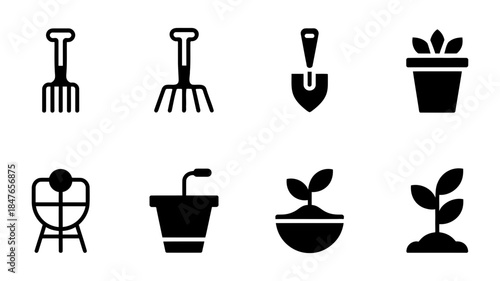 A collection of black silhouette icons representing essential gardening tools and plants for agriculture.