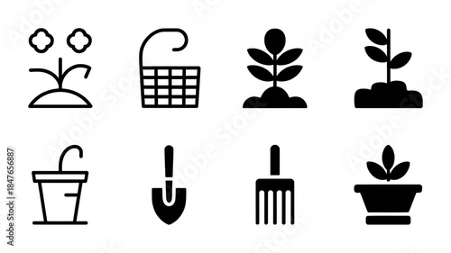 A diverse set of gardening and planting icons, illustrating tools, plants, and pots in different styles