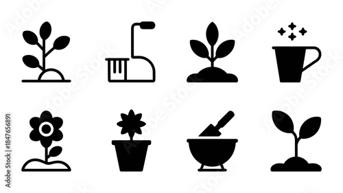 Gardening icons set representing plants, flowers, and tools for cultivation