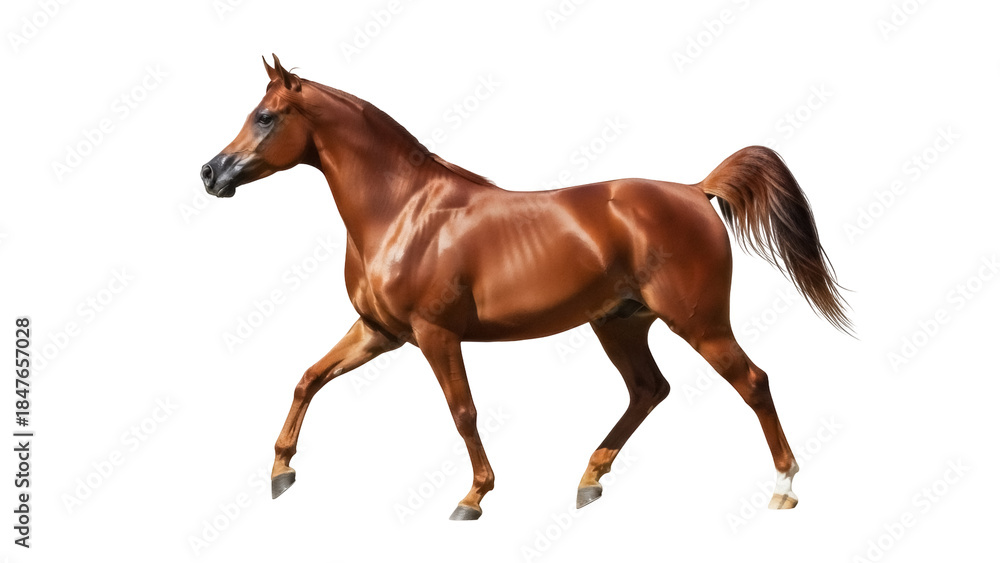 Fototapeta premium Chestnut Arabian horse isolated PNG, graceful equine with flowing mane and tail on transparent background, majestic animal for design projects