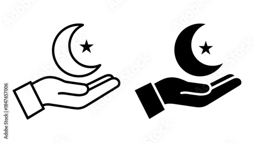 Hand holding crescent moon and star icon representing islamic faith and peace